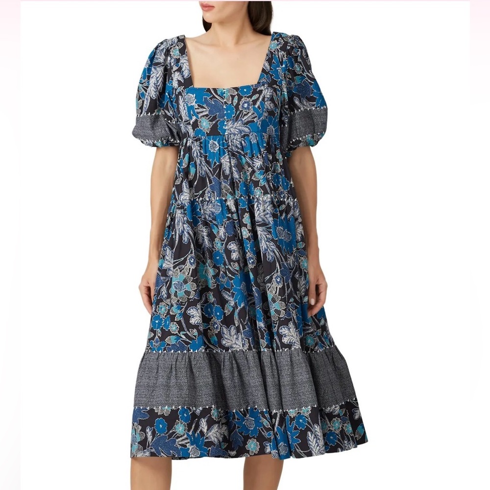 Ulla Johnson Blue Floral Midi Dress NWT Cotton Boho Empire Waist Size Size 12